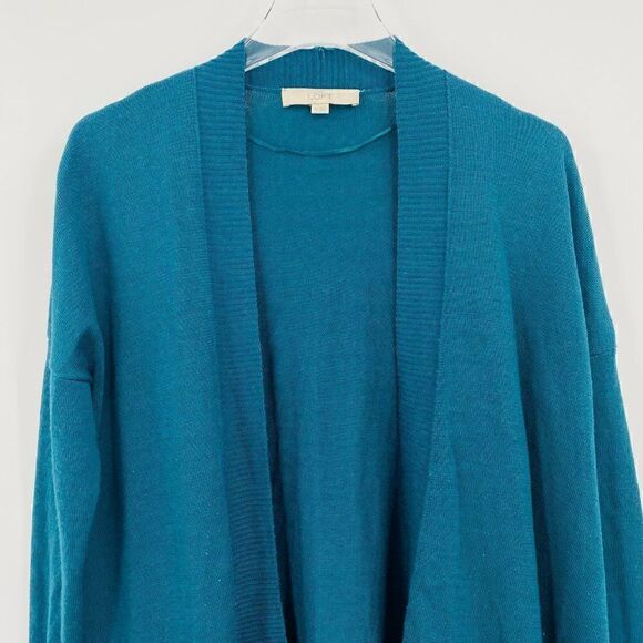 LOFT Size XS Dark Teal Wool Blend Open Front Long Sleeve Cardigan Sweater - Picture 2 of 9